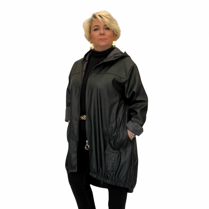 FAUX LEATHER LONG LENGTH COAT WITH ELASTICATED DIPPED HEM