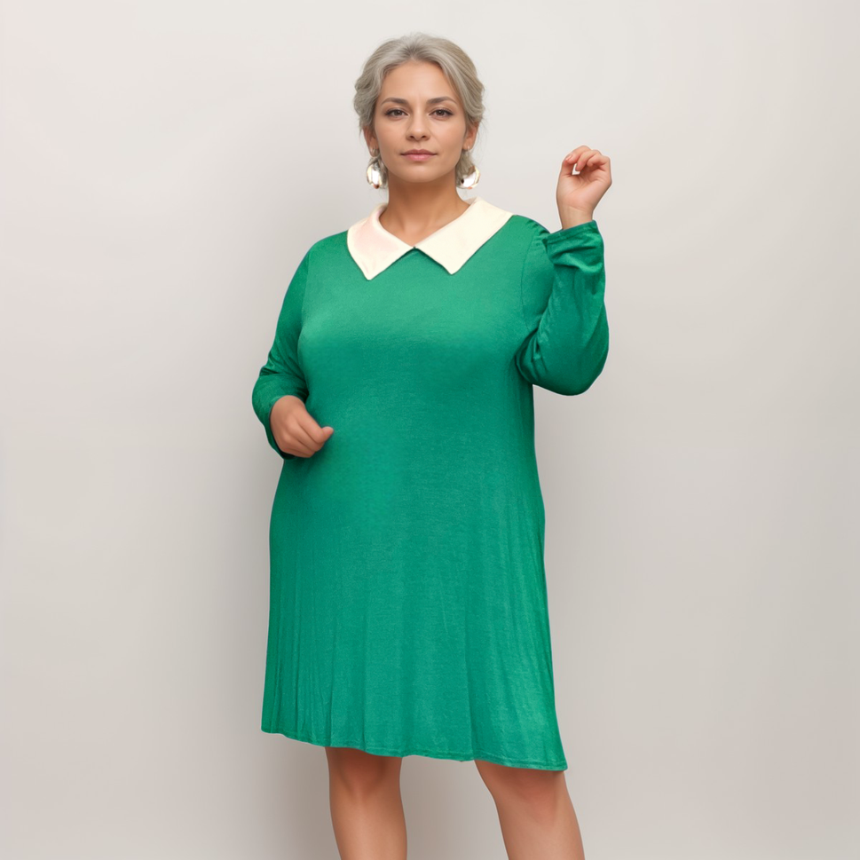 PETER PAN COLLAR LONG SLEEVE SWING TOPGreen / White / UK 14