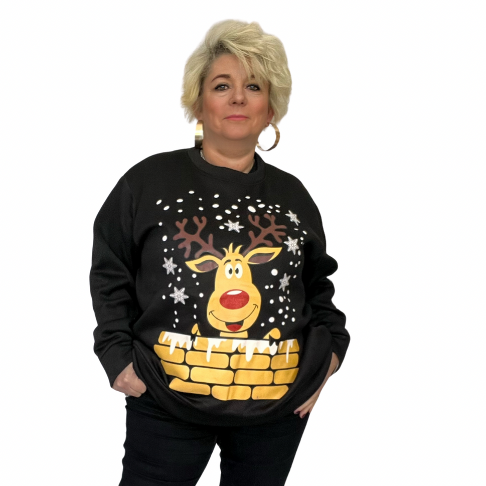 REINDEER LONG SLEEVE CHRISTMAS JUMPER / SWEATSHIRTBlack / UK 12-14