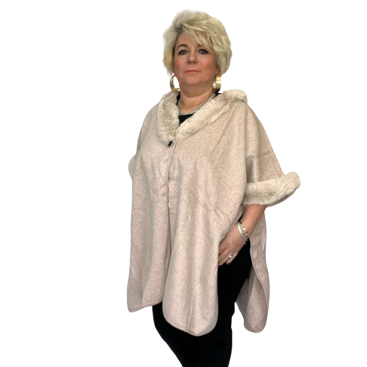 FAUX WOOL FLEECE OVERSIZED PONCHO / CAPE WITH FAUX FUR COLLAR
