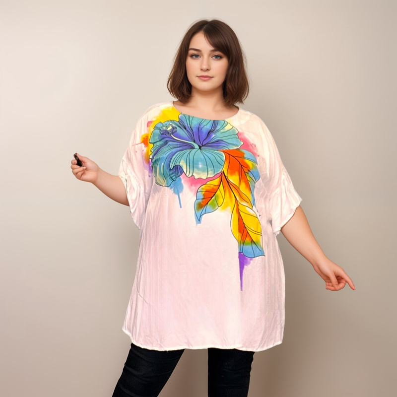 ROCKTHOSECURVES WHITE OVERSIZED BLOUSE WITH BRIGHT FLORAL PATTERN