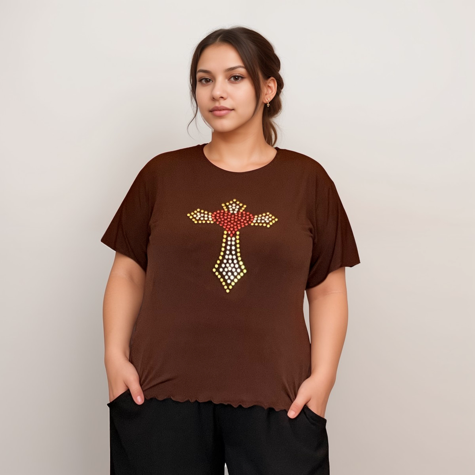 ROCKTHOSECURVES SOFT STRETCHY SHORT SLEEVE CROSS STUDDED TOPBROWN / UK 12-14