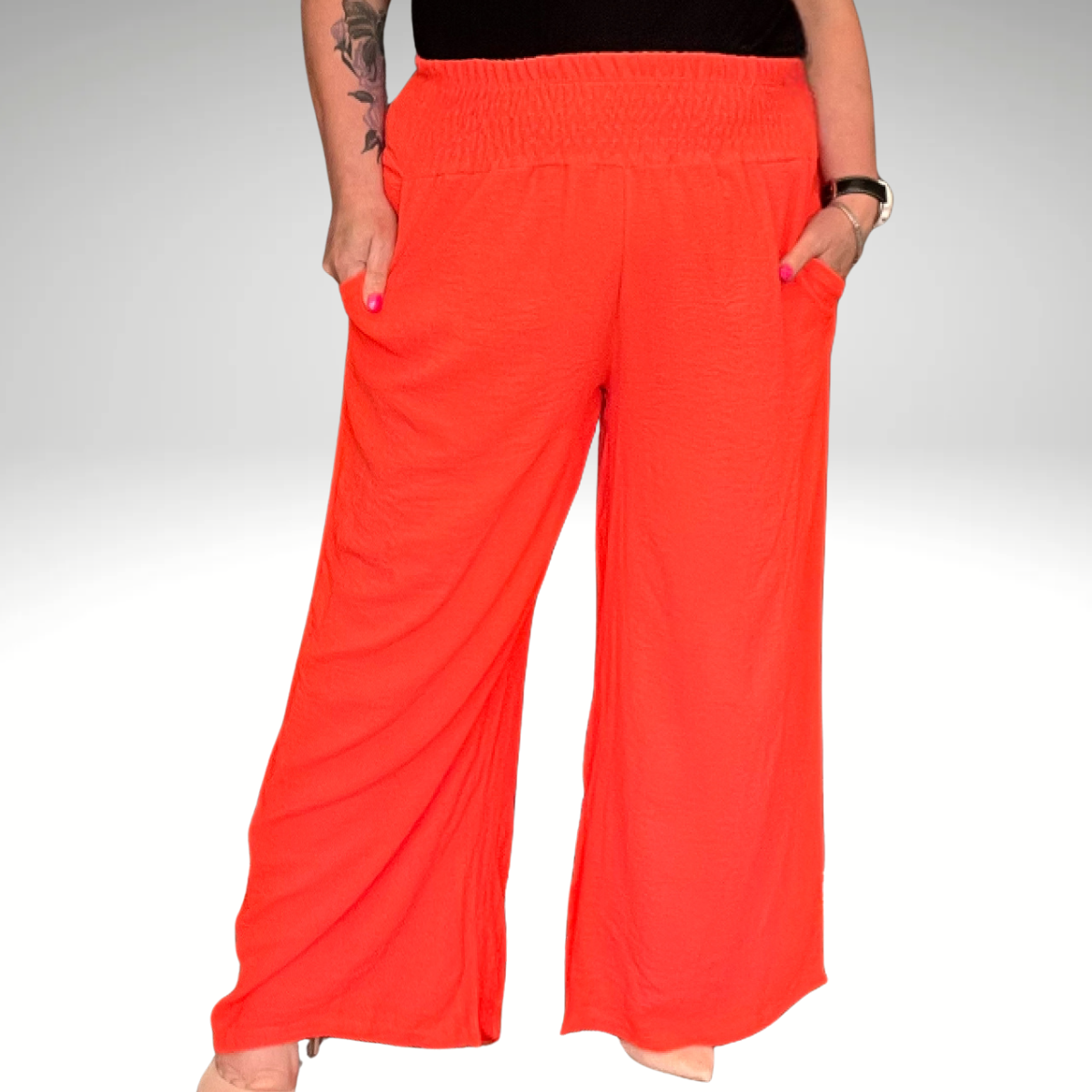 HIGH SMOCK WAIST WIDE LEG TROUSERS WITH POCKETS