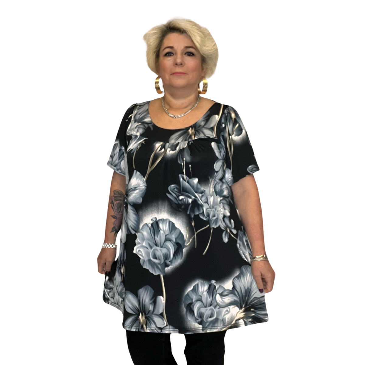 BLACK GREY BOLD FLORAL SHORT SLEEVE SMOCK TOP rockthosecurves