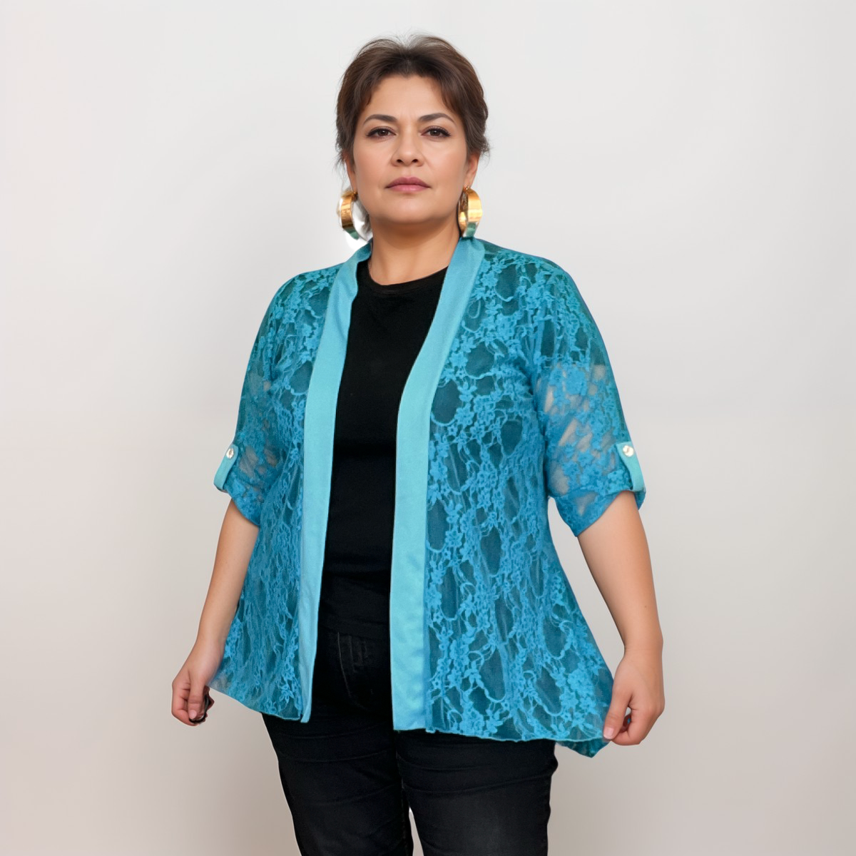 ROCKTHOSECURVES LACE JACKET WITH SATIN PANELS AND BUTTON 1/2 SLEEVES