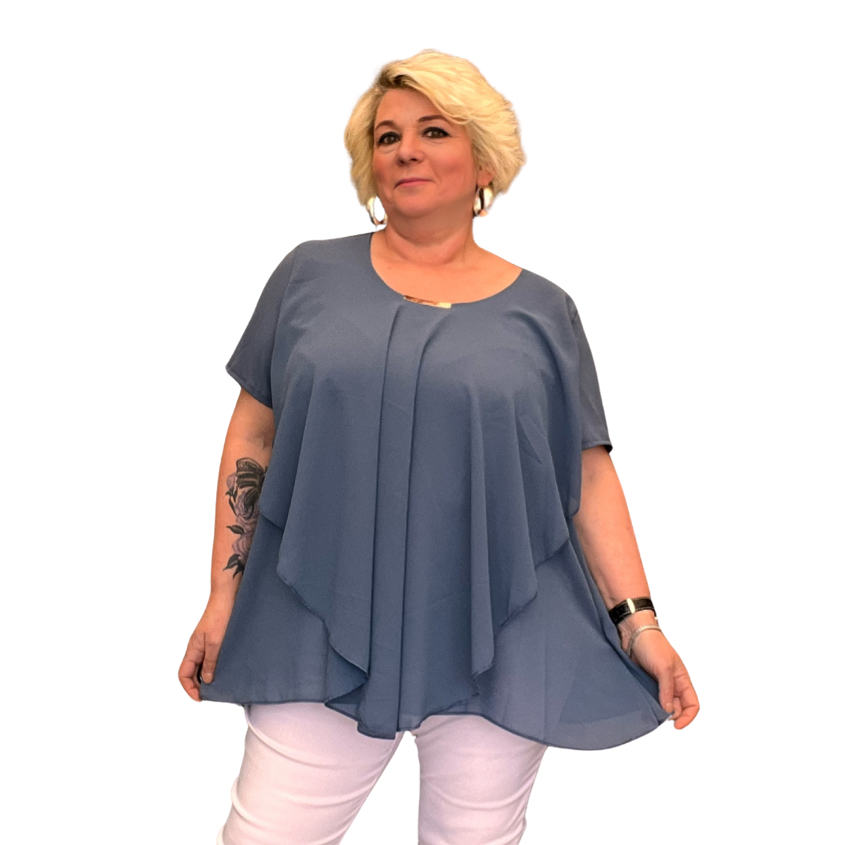 ROCKTHOSECURVES V HEM LAYERED SHORT SLEEVE BLOUSE