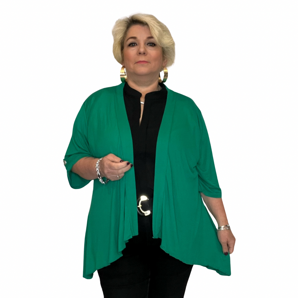 ROCKTHOSECURVES DIPPED HEM OPEN FRONT CARDIGAN / JACKET WITH BUTTON SLEEVESGreen / UK 14