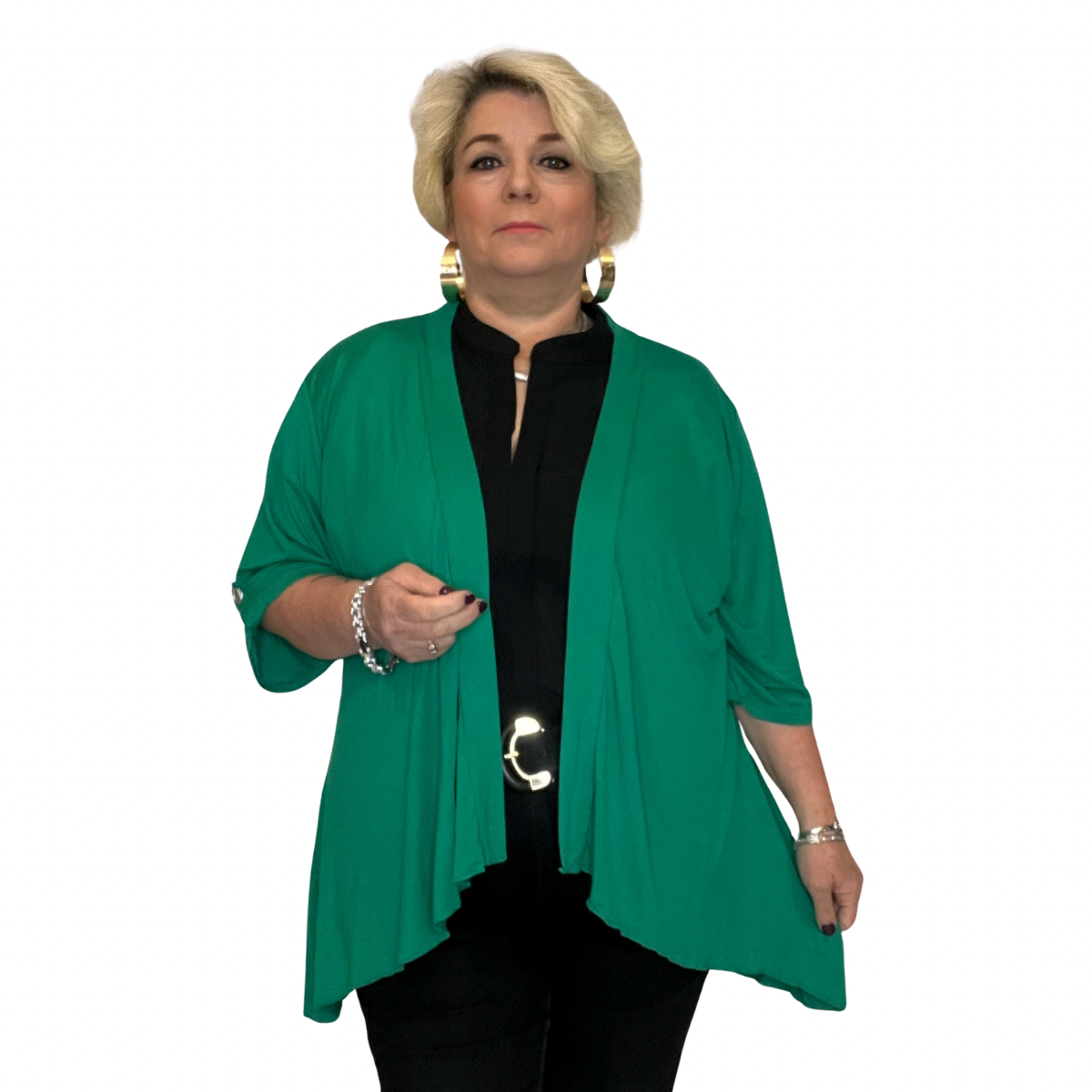 ROCKTHOSECURVES DIPPED HEM OPEN FRONT CARDIGAN / JACKET WITH BUTTON SLEEVES