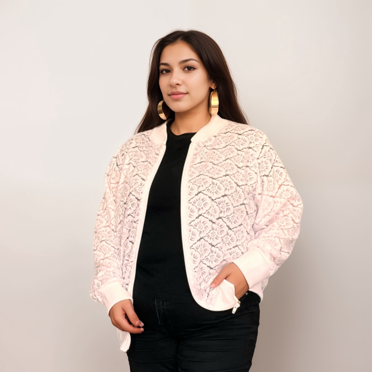 ROCKTHOSECURVES PRETTY LACE ZIP UP LONG SLEEVE BOMBER JACKET