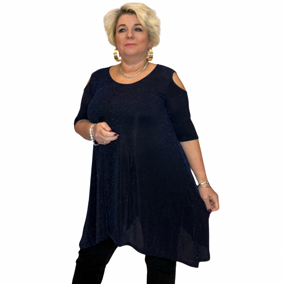 SPARKLY 1/2 SLEEVE SWING TOP WITH COLD SHOULDERSBlack / Blue / UK 12-14