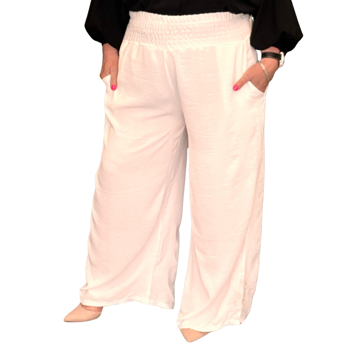 HIGH SMOCK WAIST WIDE LEG TROUSERS WITH POCKETS