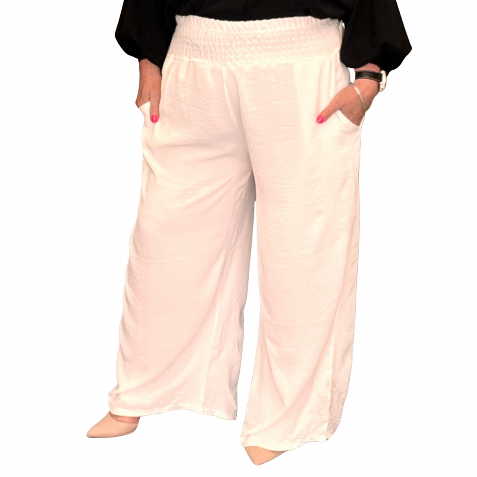 HIGH SMOCK WAIST WIDE LEG TROUSERS WITH POCKETSWHITE / UK 16-18