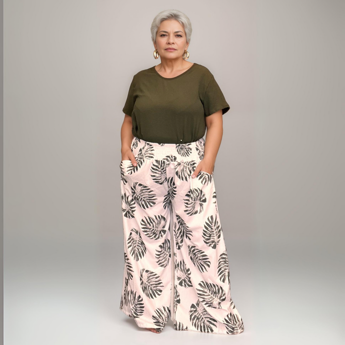 ROCKTHOSECURVES LEAF PRINT POCKET HIGH SMOCKED ELASTICATED WAIST WIDE LEG PALAZZO TROUSERS