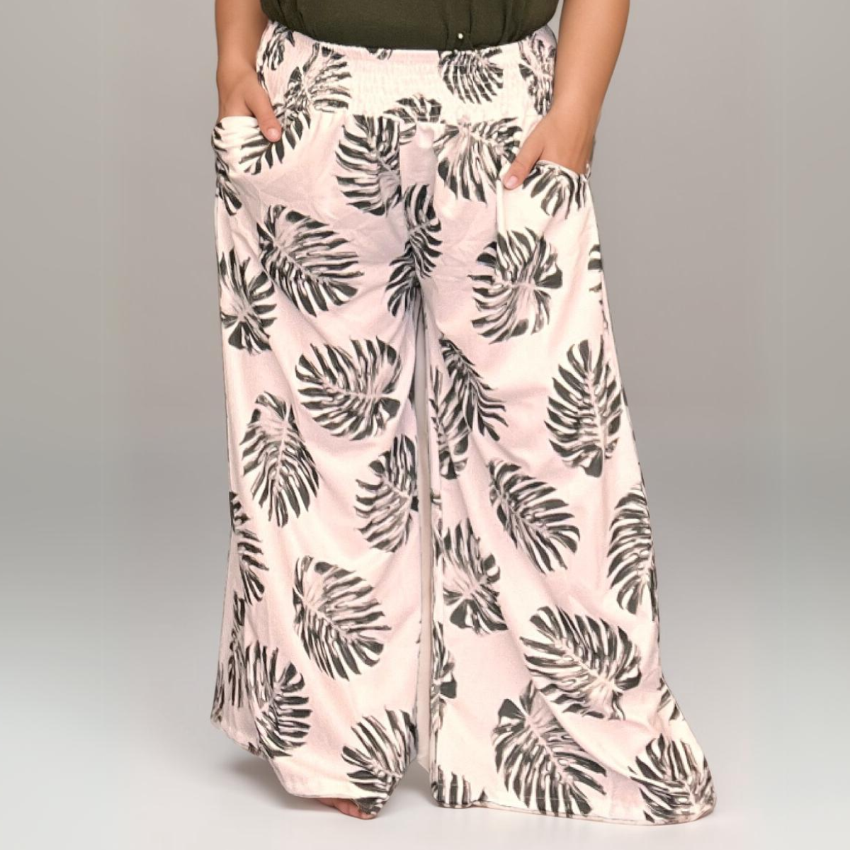 ROCKTHOSECURVES LEAF PRINT POCKET HIGH SMOCKED ELASTICATED WAIST WIDE LEG PALAZZO TROUSERS