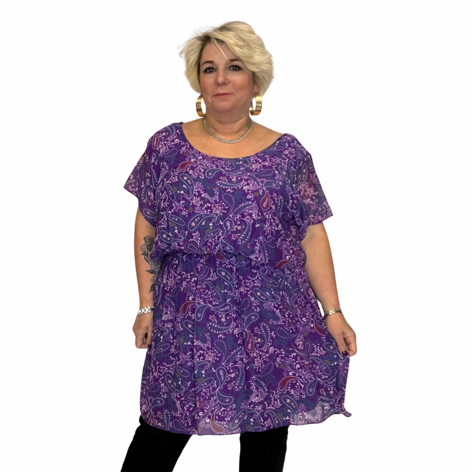 ROCKTHOSECURVES PURPLE PAISLEY LINED CHIFFON BLOUSE WITH ELASTICATED WAIST