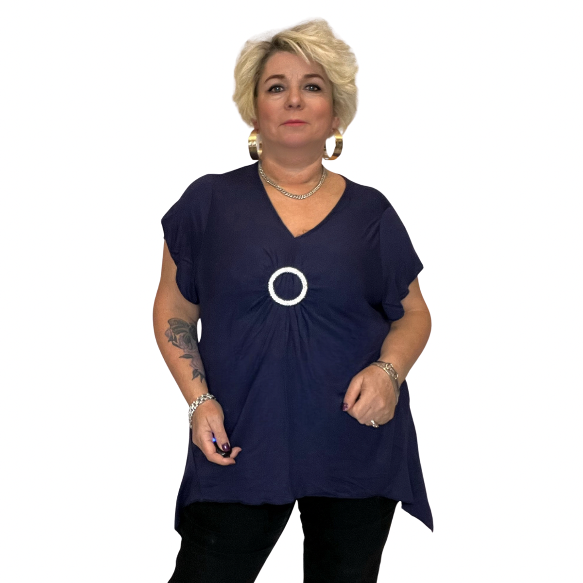 Plus Size Hanky Hem Short Sleeve V‑Neck Top with Circle Brooch