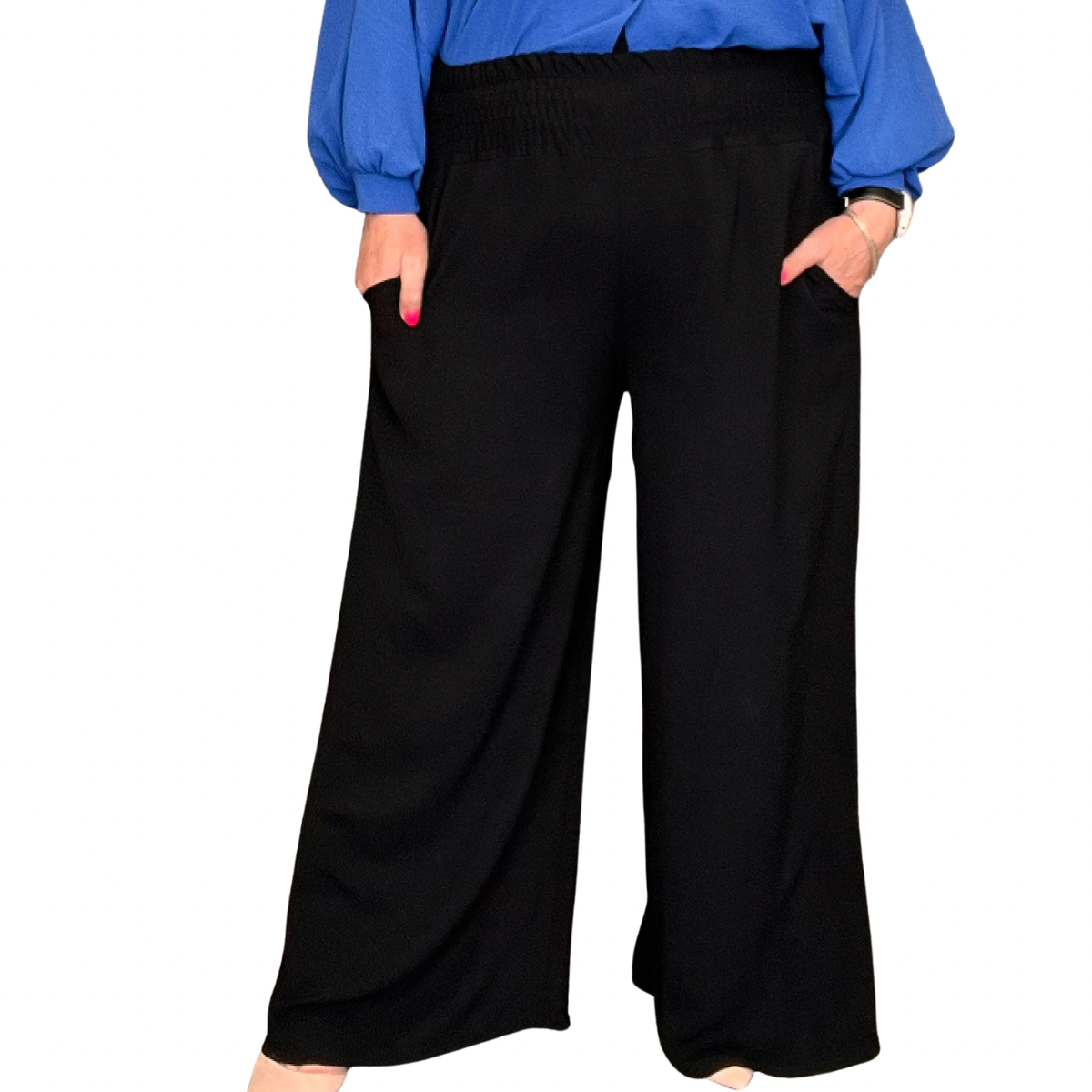 ROCKTHOSECURVES POCKET HIGH SMOCKED ELASTICATED WAIST WIDE LEG PALAZZO TROUSERS