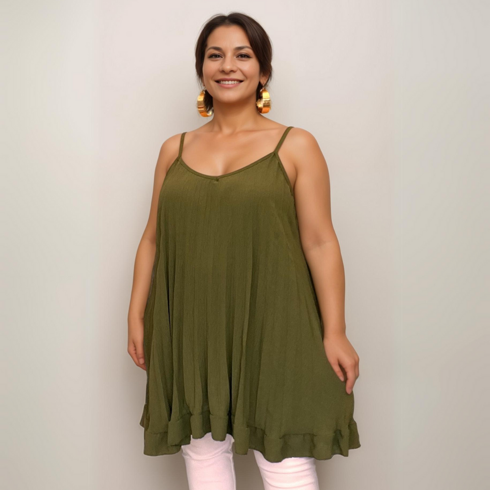 ROCKTHOSECURVES PLEATED STRAPPY SWING TOP / CAMI VEST WITH FRILLED HEMKHAKI / UK 16-18