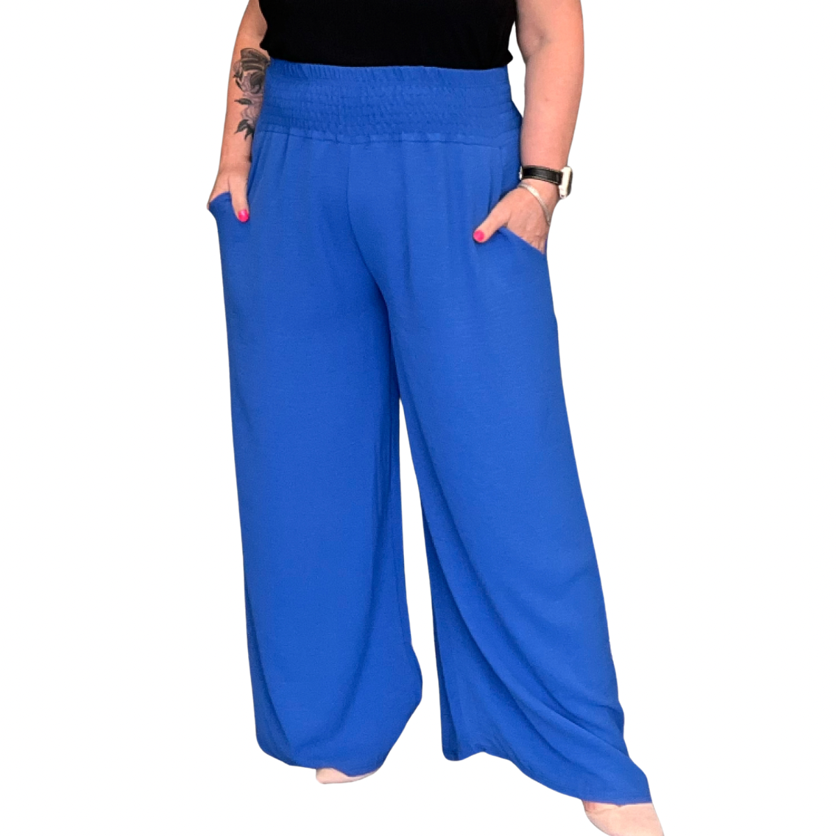 ROCKTHOSECURVES POCKET HIGH SMOCKED ELASTICATED WAIST WIDE LEG PALAZZO TROUSERS