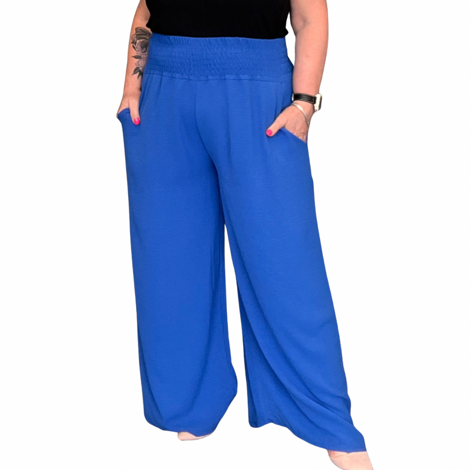 HIGH SMOCK WAIST WIDE LEG TROUSERS WITH POCKETSROYAL BLUE / UK 16-18