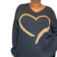 OVERSIZED V-NECK KNITTED JUMPER WITH LARGE GOLD HEART