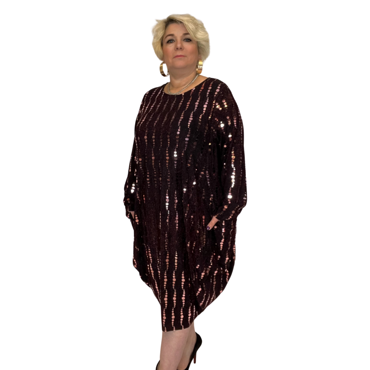 SPARKLY SEQUIN LOOSE FITTED DIPPED HEM DRESS WITH POCKETS