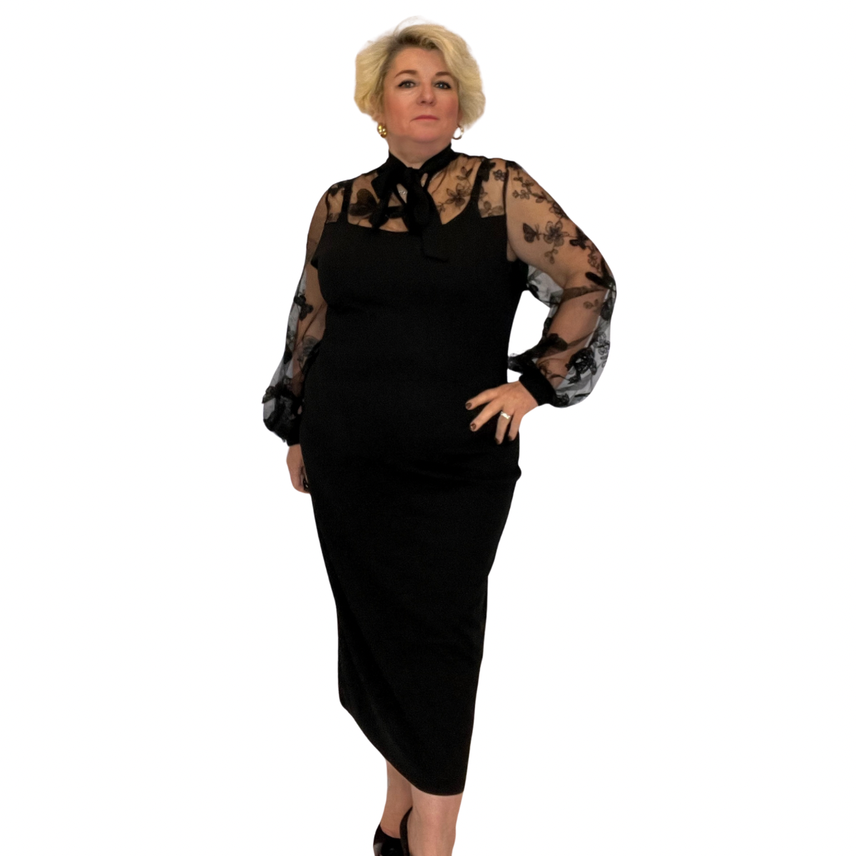 ROCKTHOSECURVES BLACK FITTED TIE BOW DRESS WITH LACE NECKLINE AND SLEEVES