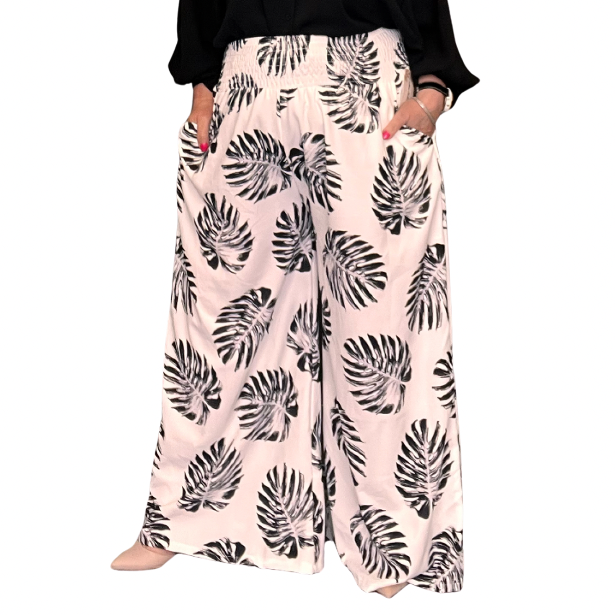 ROCKTHOSECURVES LEAF PRINT POCKET HIGH SMOCKED ELASTICATED WAIST WIDE LEG PALAZZO TROUSERS