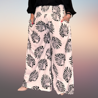 ROCKTHOSECURVES LEAF PRINT POCKET HIGH SMOCKED ELASTICATED WAIST WIDE LEG PALAZZO TROUSERS