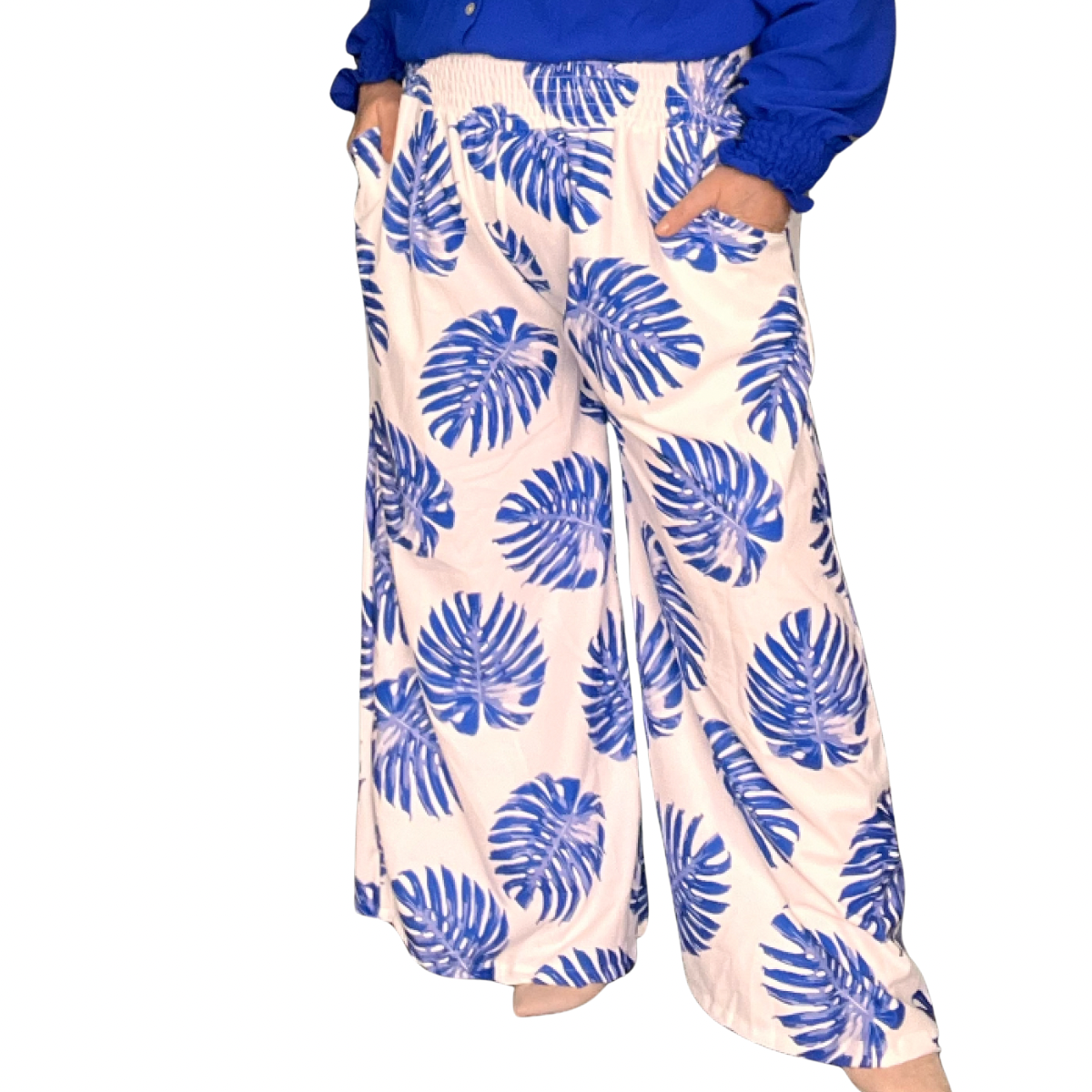 ROCKTHOSECURVES LEAF PRINT POCKET HIGH SMOCKED ELASTICATED WAIST WIDE LEG PALAZZO TROUSERS