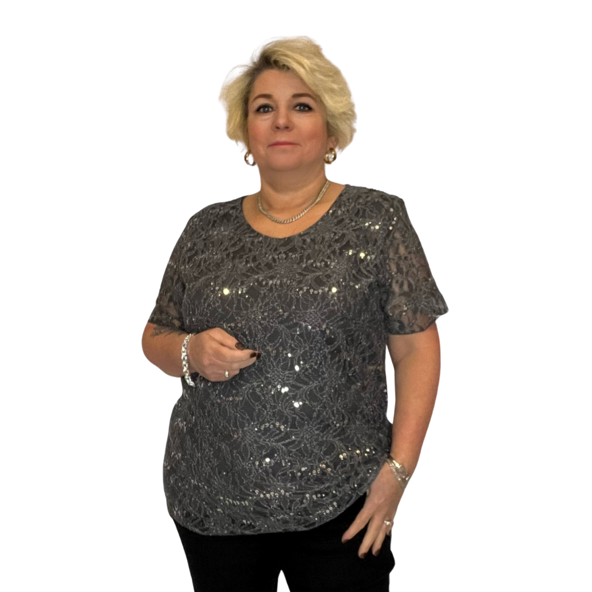 ROCKTHOSECURVES SEQUIN AND LACE SHORT SLEEVE BLOUSE / TOP