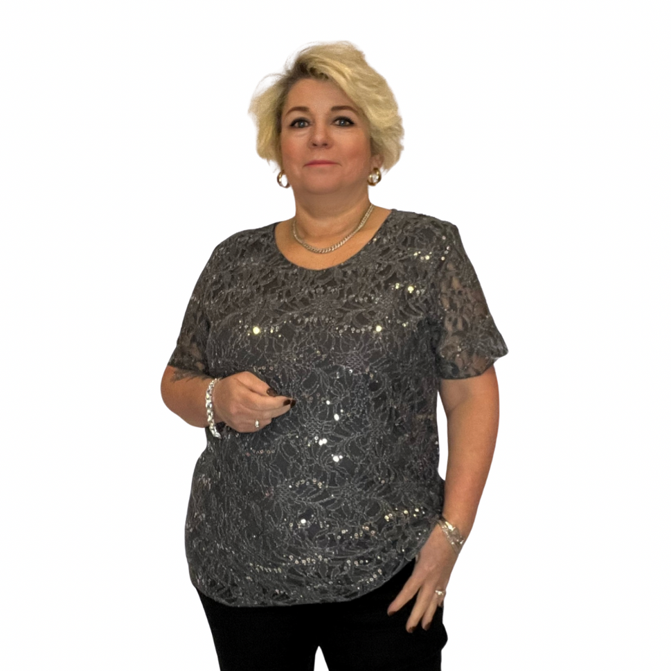 ROCKTHOSECURVES SEQUIN AND LACE SHORT SLEEVE BLOUSE / TOPCharcoal / UK 14