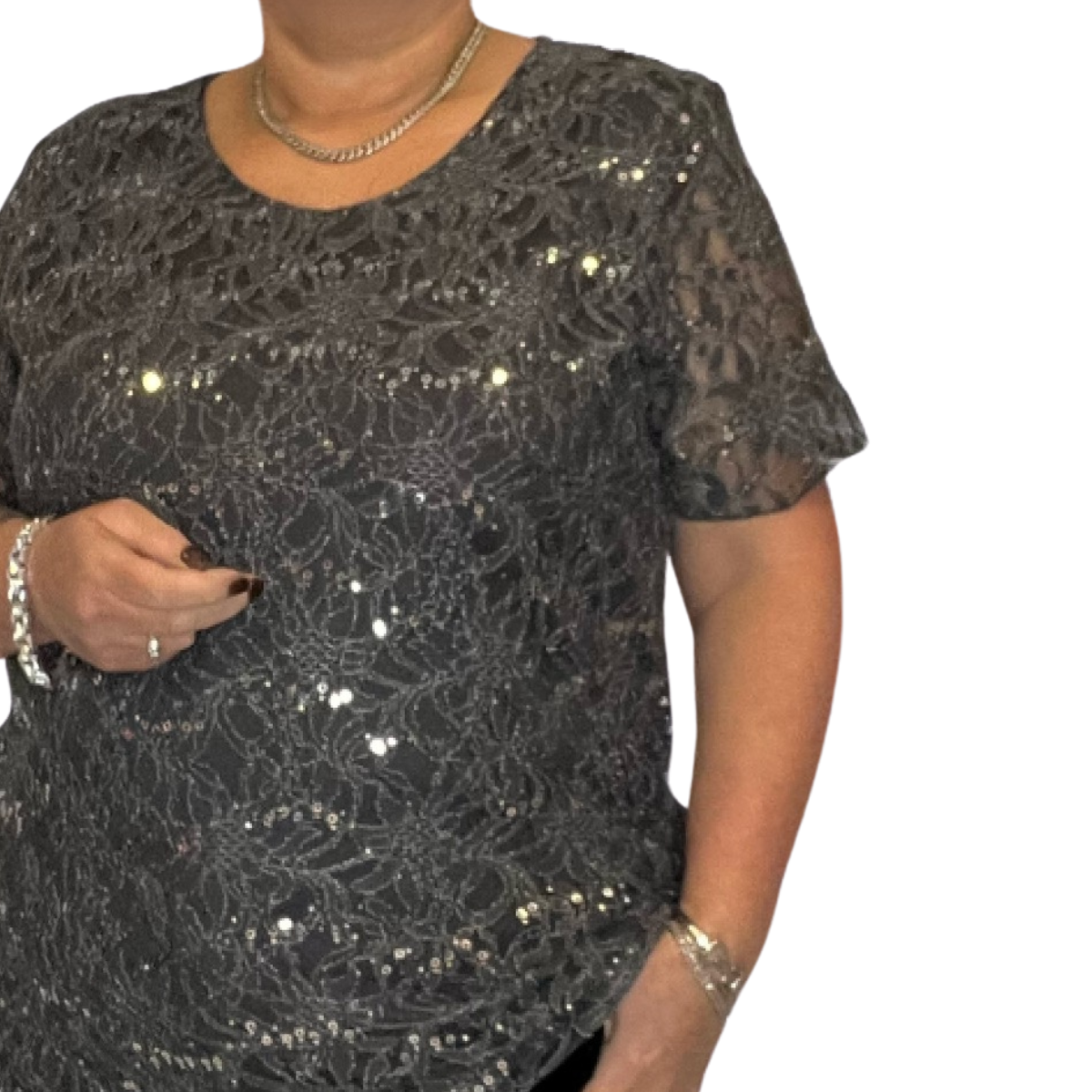 ROCKTHOSECURVES SEQUIN AND LACE SHORT SLEEVE BLOUSE / TOP