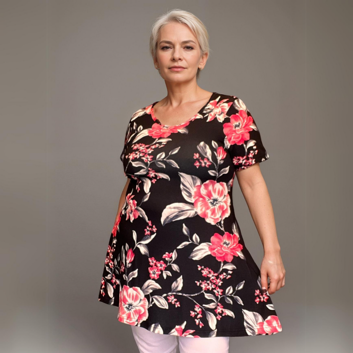 ROCKTHOSECURVES BLACK RED FLORAL SHORT SLEEVE SWING TOP