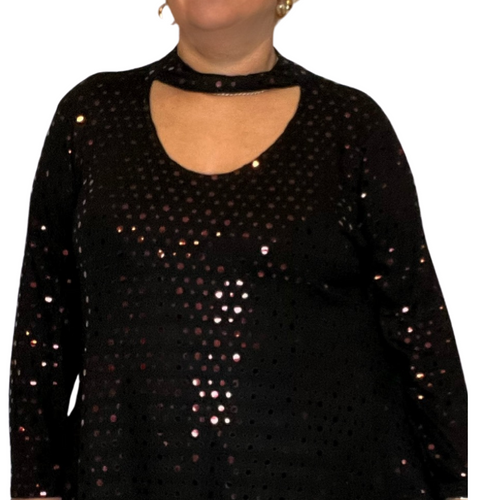 BLACK SEQUIN CHOKER NECK LONG SLEEVE SWING TOP