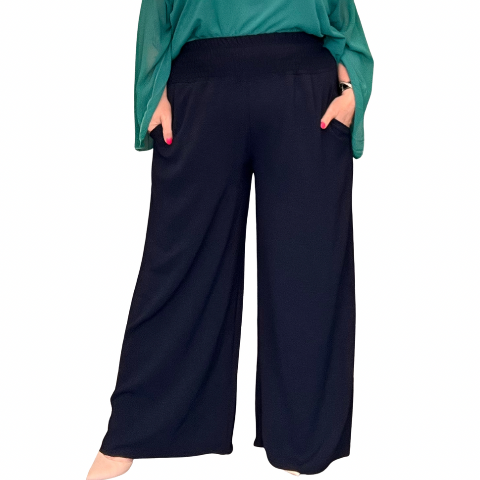 HIGH SMOCK WAIST WIDE LEG TROUSERS WITH POCKETSNAVY / UK 16-18