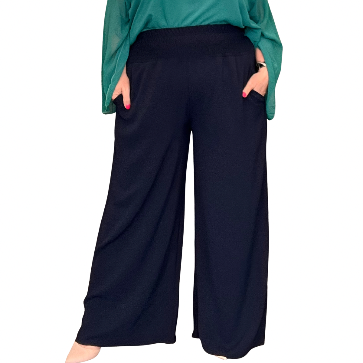 HIGH SMOCK WAIST WIDE LEG TROUSERS WITH POCKETS