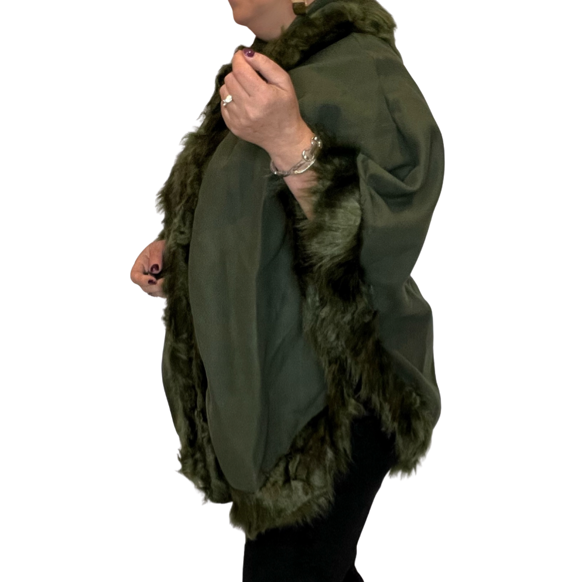 WOOL PONCHO CAPE COAT FAUX FUR EDGING + HOOD