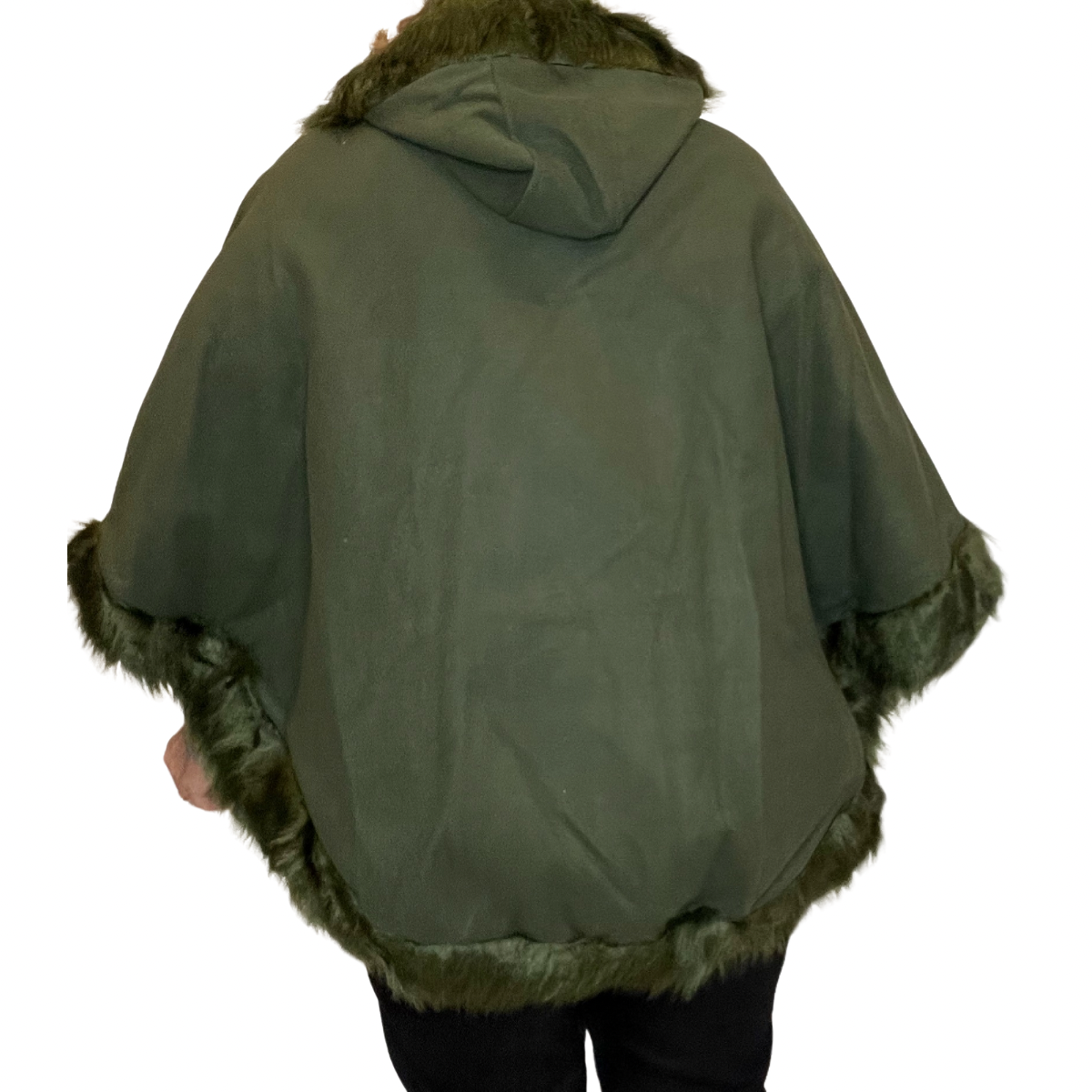 WOOL PONCHO CAPE COAT FAUX FUR EDGING + HOOD