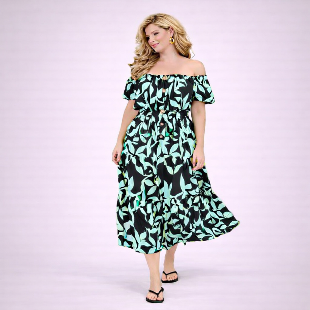 Bright Leaf Print Elastic Waist Gypsy Style Calf Length Dress