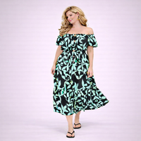 Bright Leaf Print Elastic Waist Gypsy Style Calf Length Dress