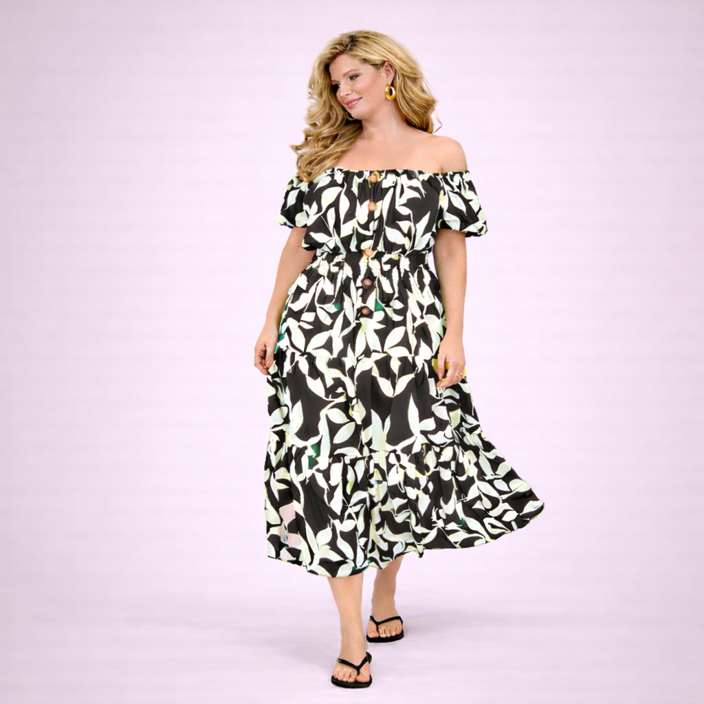 Bright Leaf Print Elastic Waist Gypsy Style Calf Length Dress