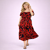 Bright Leaf Print Elastic Waist Gypsy Style Calf Length Dress