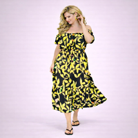 Bright Leaf Print Elastic Waist Gypsy Style Calf Length Dress
