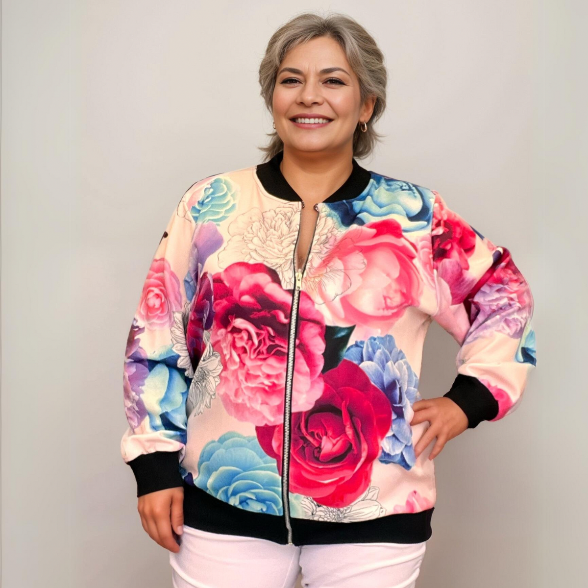 ROCKTHOSECURVES PINK BLUE BOLD ZIP UP BOMBER JACKET