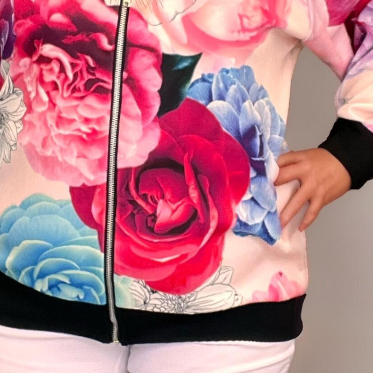 ROCKTHOSECURVES PINK BLUE BOLD ZIP UP BOMBER JACKET