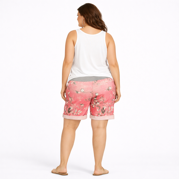 Pink Floral Elastic Waist Joggers Shorts with Pockets