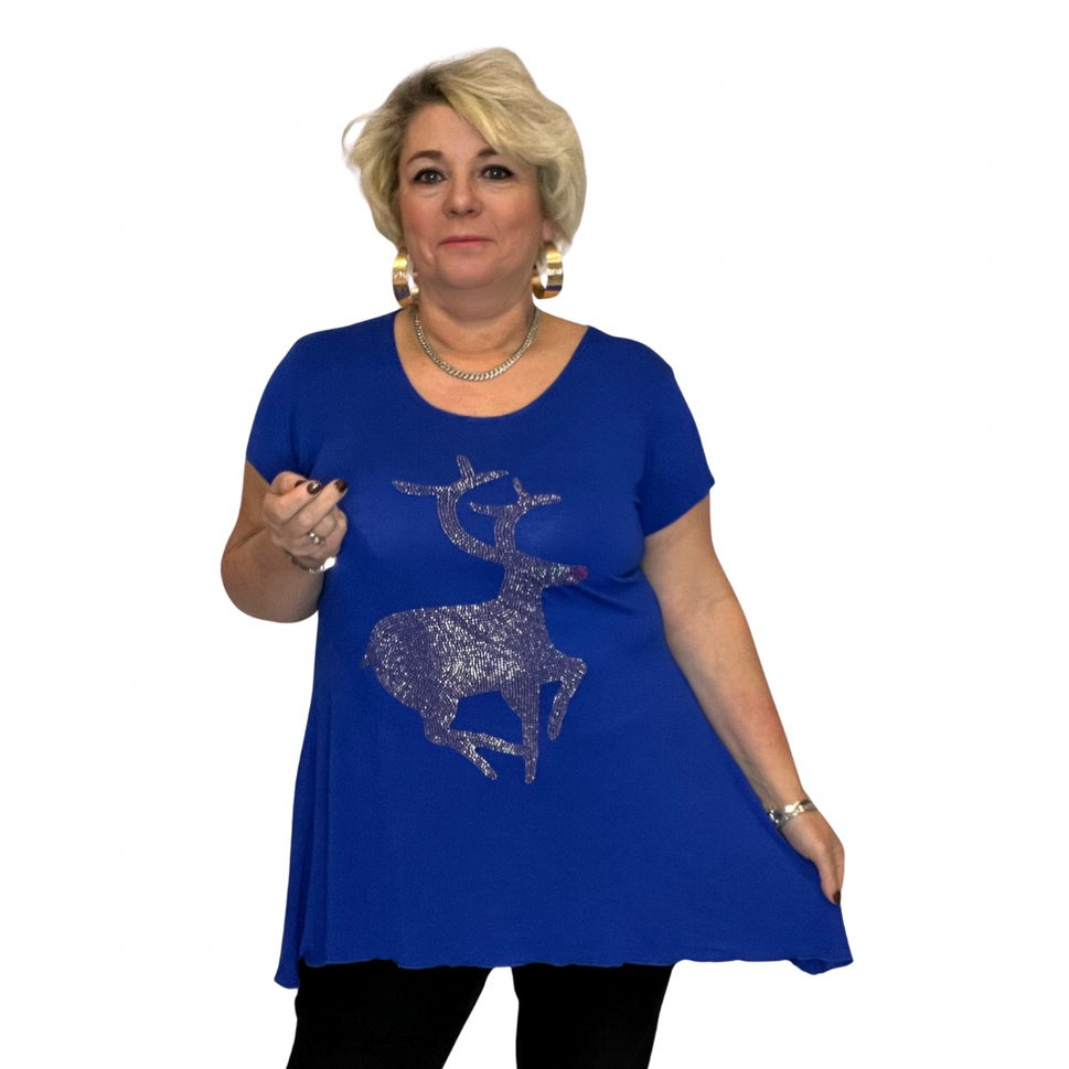 SHORT SLEEVE STUDDED REINDEER CHRISTMAS LONG TOPROYAL BLUE / UK 12-14