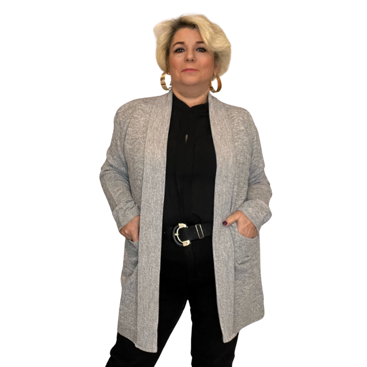 OPEN FRONT KNITTED CARDIGAN WITH FRONT POCKETS