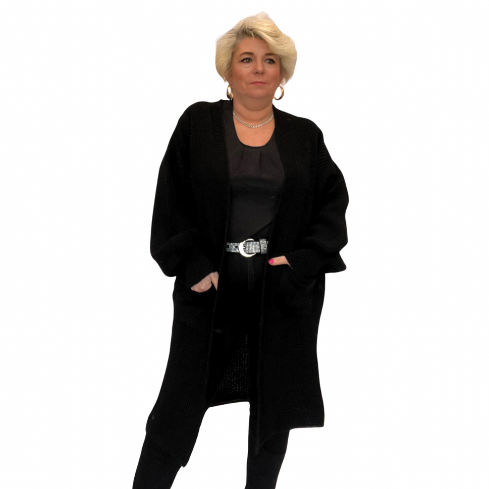 CHUNKY KNIT DUSTER CARDIGAN WITH FITTED CUFFSBlack / UK 12-14